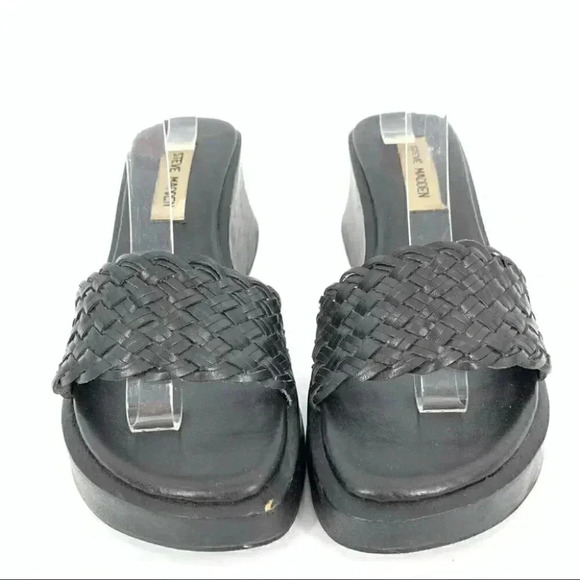 Steve madden sandals 8.5 Lil Black woven leather chunky wooden platforms 90s y2k - Picture 1 of 12